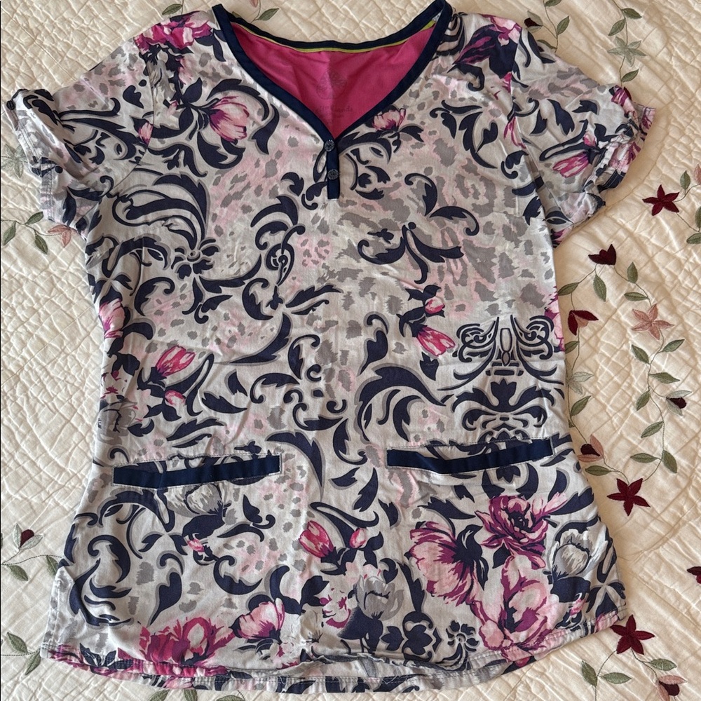 Healing Hands Floral Print Blouse - Pink and Navy